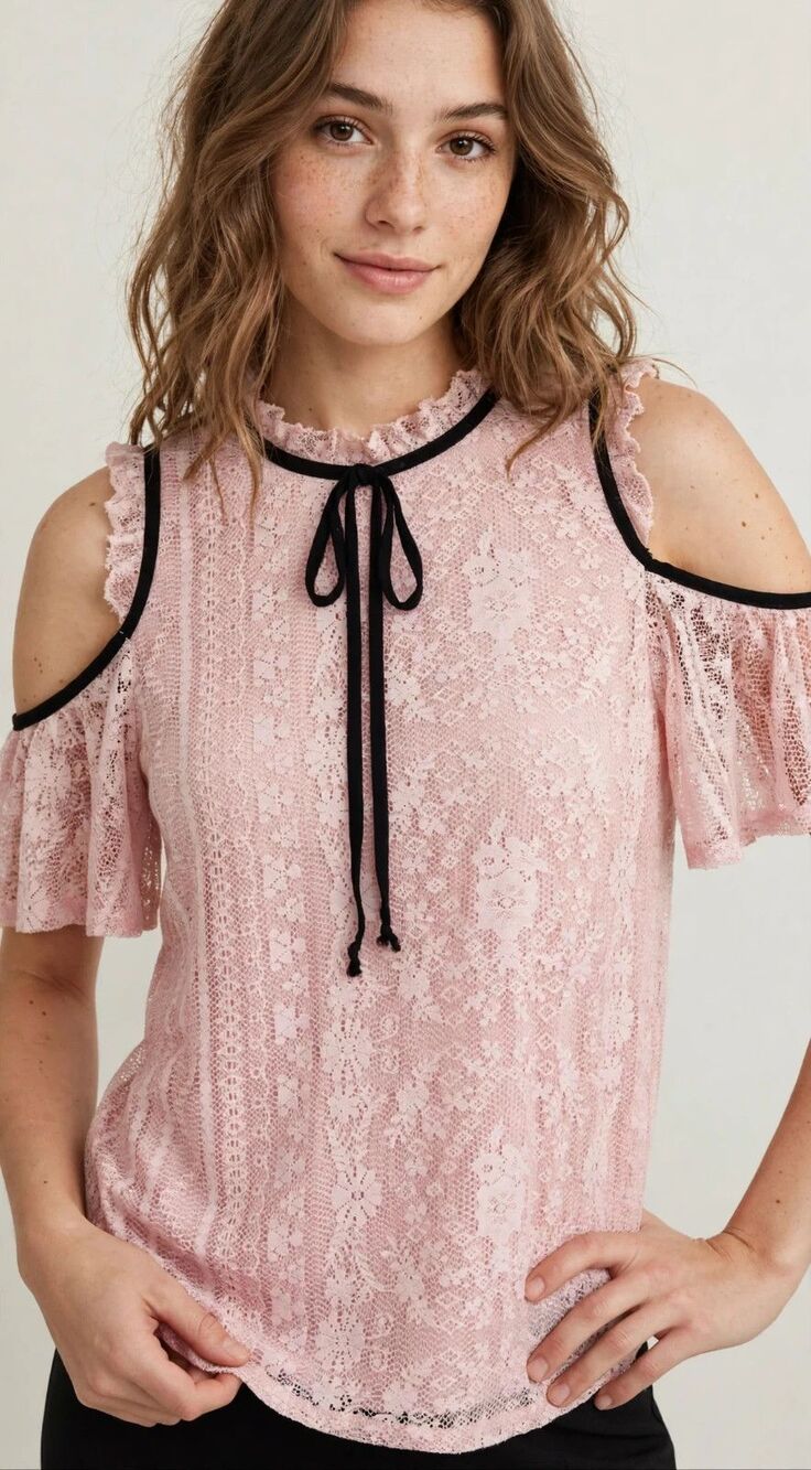 Floral Lace Top Women S Blush Pink Cold Shoulder Tie Neck Ruffle Blouse Coquette